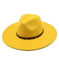 Detail of bright yellow wool fedora hat with black studded band and wide brim - M (56-58cm) / Yellow