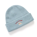 Detailed embroidery of a white puppy and red text on light blue ribbed knit beanie hat - Hat / Blue Hat