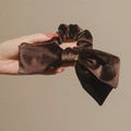 Elegant brown velvet bow scrunchie hair tie with gold charm detail for women - Dark Coffee