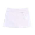 Detailed macro view of white A-line mini skirt fabric texture and decorative waist drawstring - XS / White