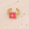 Gold open chain ring featuring a square pink enamel center with a gold starburst pattern - Pink Starburst Square Style (1#)