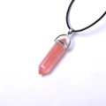Natural pink crystal hexagonal column pendant necklace with silver clasp and black cord - Watermelon red