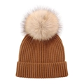Detail of a brown ribbed knit toddler hat with a fluffy beige faux fur pom pom - Caramel color
