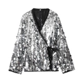 Detail of silver sequin wrap blouse with V-neckline and black waist tie closure - Silver