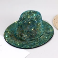 Sparkling iridescent teal rhinestone fedora hat with wide brim for party and events - M (56-58cm) / Green Zircon