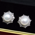 Elegant 8-9mm white freshwater pearl studs with sunburst T-cut zircon halo in silver - White Pearl Silver Base