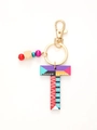 Colorful geometric pattern wooden letter T keychain with multi-colored beads - Letter T Style