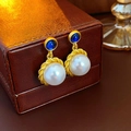 Vintage gold earrings with blue gemstone and round white pearl pendant on leather - 92 Silver Pin-White Circle Pearl