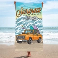 Quick-dry microfiber beach towel featuring vintage adventure car print and skull design - B45-Summer Adventure Skeleton Off-road