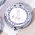 Silver compact makeup mirror with purple floral Happy Birthday design and cake illustration - Purple Birthday Wreath