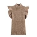 Brown knit sleeveless dress with ruffle sleeves and mock neck on white background - S / Apricot