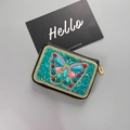 Bohemian accordion card wallet with green beaded butterfly and gold zipper closure - No.26 (Pink Butterfly)