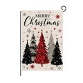 Drapeau de jardin de Noël vertical avec cinq arbres colorés et flocons sur lin - Arbre Géométrique Noir Blanc Rouge (HYQ068-2)