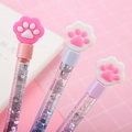Three cute liquid quicksand pens with pink and white cat paw caps and glittery sequins - Bear Paw Series