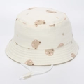 Close-up of white cotton bucket hat with brown bear prints and adjustable chin strap - 52cm / 1# Brown Bear Style