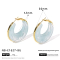 Detail view of 36mm thick blue marble resin hoop earrings with gold stainless steel edges - Light Blue Marble (NB-E1627-BU)