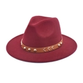 Detail of wide brim wool fedora hat in wine red with brown leather studded band - M (56-58cm) / Burgundy