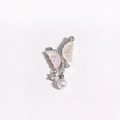 Detail of silver butterfly earring with opal wings, zircon accents and hanging pearl - Silver Iridescent Milky White Wing Pearl Butterfly Style