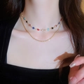 Elegant gold double-layered necklace featuring vibrant colorful round gemstone charms - 15# Necklace - Colorful Gemstone Double Layer Style