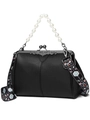 Detail of vintage black kiss-lock bag with pearl handle and ethnic pattern strap - Pearl Style - Black