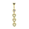 Detail view of a gold-plated belly ring featuring a heart pendant with sparkling crystals - Four Linked Hollow Hearts Style (BR3122311) / Gold