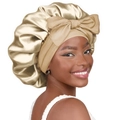 Golden silk satin sleep bonnet with a large decorative bow for hair protection - Large / Khaki