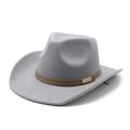 Detail of grey wool cowboy hat with brown leather band and gold buckle hardware - M(56-58cm) / Gray
