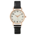 Women's rose gold quartz watch with white dial and black magnetic Milanese mesh strap - Black