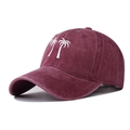 Detailed embroidery of white palm trees on a vintage washed burgundy baseball cap - Burgundy