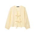 Women's light yellow poplin shirt with bow ties and lantern sleeves on white background - XS / Yellow