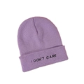 Detail of I DON'T CARE embroidery on light purple knitted beanie with ribbed texture - M (56-58cm) / Light Purple