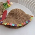 Handmade straw bucket hat with colorful crochet flowers and wide brim for sun protection - Colorful Flowers Khaki