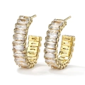 Golden C-shaped earrings with clear rectangular cubic zirconia in a professional layout - White Zirconia Gold Plated