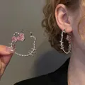 Detail of Hello Kitty cartoon hoop earrings with pink and white crystal rhinestones - Silver-Pink (13# Ear Buckle)