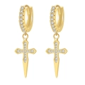 Detailed view of gold plated cross earrings with sparkling white cubic zirconia stones - Gold Cross B