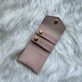 Pink faux leather jewelry pouch with gold snap button and earring slots on white fur - 13.3*6cm / Leather Pink