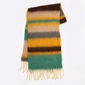 Écharpe en maille rayée aux tons terre marron et vert avec franges sur fond blanc clair - Rayures Jaune Vert