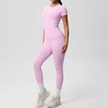 Detail of lavender two-piece workout set with short sleeve top and high waist leggings - S / Sakura Pink