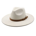 Macro shot of faux suede fedora with brown leather band and gold metal buckle detail - M (56-59cm) / Off-white Suede
