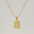 Gold stainless steel rectangle pendant necklace with frosted letter K engraving - Letter K