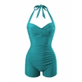Teal halter neck one-piece swimsuit with ruched tummy control and boy-leg cut - S / Teal Blue