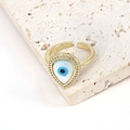Detailansicht des verstellbaren goldener Evil Eye Ring mit blauen Zirkoniasteinen - Einstellbar Offen / Wassertropfen (R123002-2)