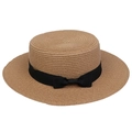 Classic flat top straw boater hat in natural tan with a black ribbon bow detail - Ribbon Bow Decor Band Style (303K)