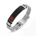 Macro shot of a medical alert bracelet with black plate and silver mesh adjustable strap - Black & Red Plate + Silver Chain