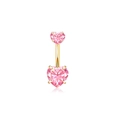 Golden belly button ring featuring double pink heart-shaped stones and curved bar - Gold Pink Double Heart
