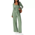 Détail de l'ensemble trois pièces en maille vert sauge avec pantalon large - S / Vert clair