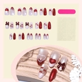 Set unghie finte 3D con effetto cat-eye, cuori rossi, perle e fiocco marrone - Cuore Fiocco 3D Occhio di Gatto Rosso - In scatola(3XB1-13863) / 30 Pezzi/In scatola
