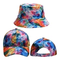 Detail showing two-piece set of bucket hat and baseball cap with colorful feather prints - Colorful Feather Print Set (Style 9) / Baseball Cap + Bucket Hat