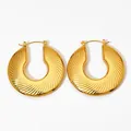 Irregular gold stainless steel hoop earrings with textured radial sunburst pattern - Radial Grooves Style (KDE2251)
