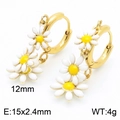 Golden hoop earrings with white and yellow daisy charms in polished titanium steel - Gold Double Layer White Yellow Daisy Earrings (KE112907-HF)
